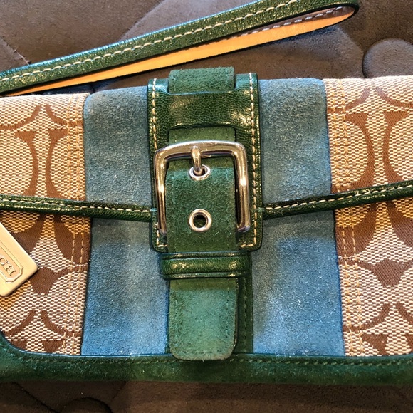 Coach Teal and Green Leather and Suede Wristlet - Picture 2 of 6